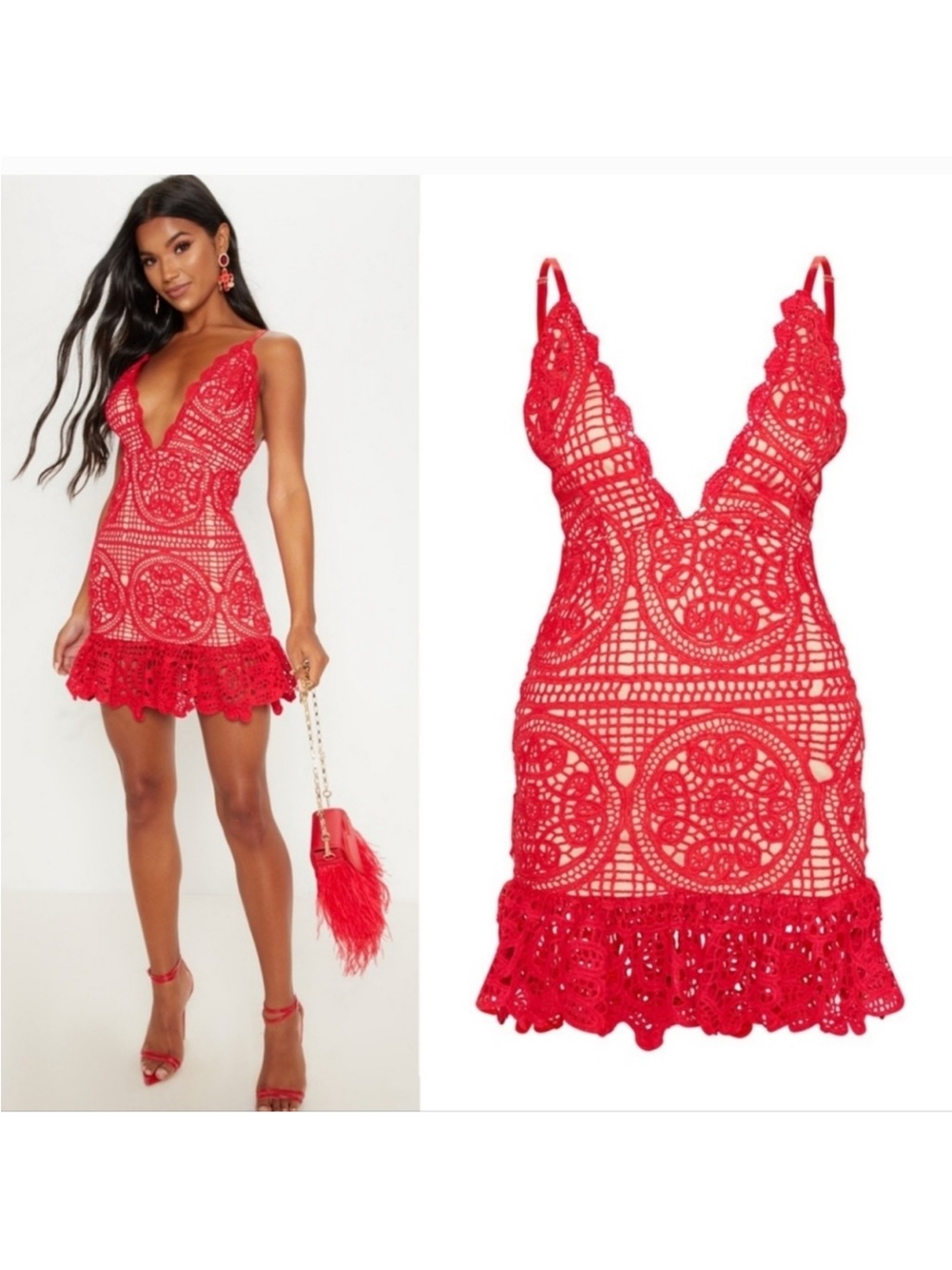 PrettyLittleThing NWT red strappy thick lace frill hem bodycon dress